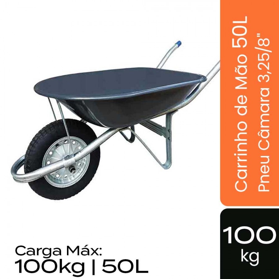 Carrinho de Mão 50 litros - Carga Máx 100kg - Pneu Câmara 3,25/8" - Metalosa