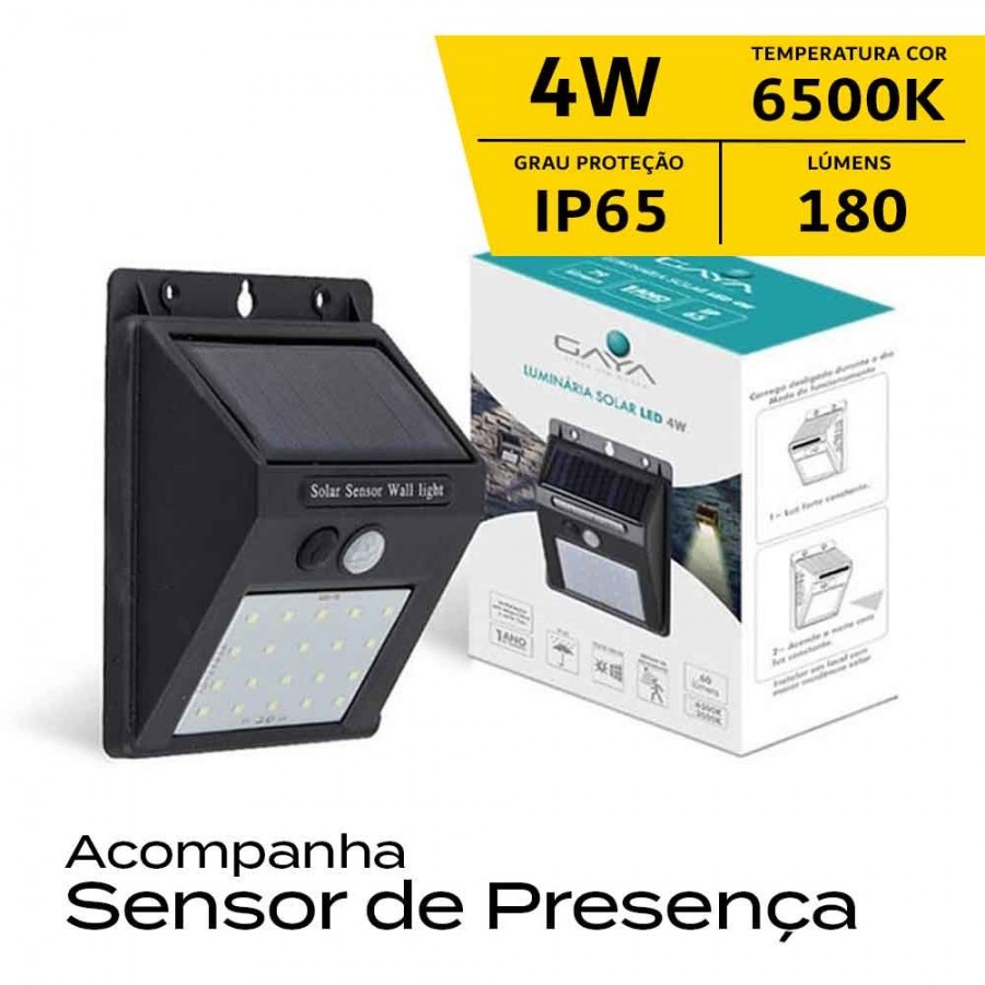 Arandela Solar LED c/ Sensor - 4W IP65 - 6.500K - Gaya Ref 9661