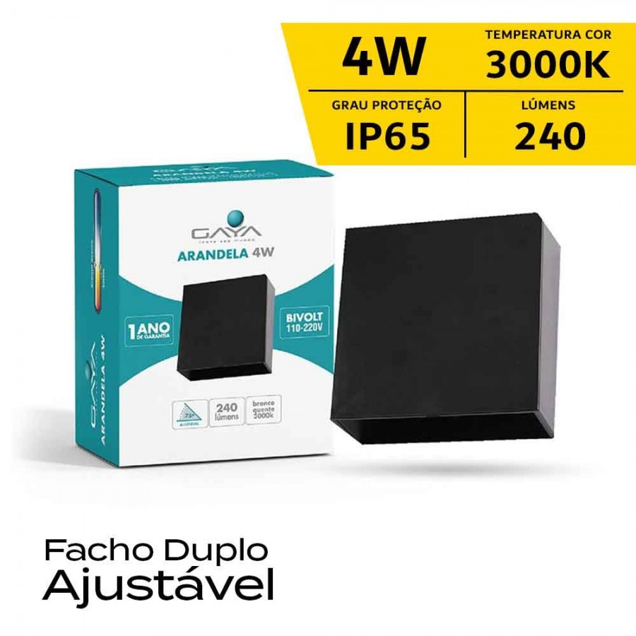 Arandela c/ Facho Duplo Ajustável - 4W IP65 Bivolt - 3.000K - Preto - Gaya Ref 9681