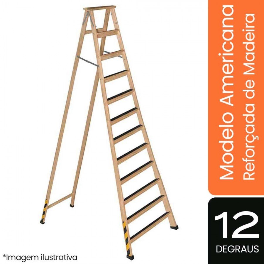 Escada Americana de Madeira Reforçada - 12 Degraus - ESEG