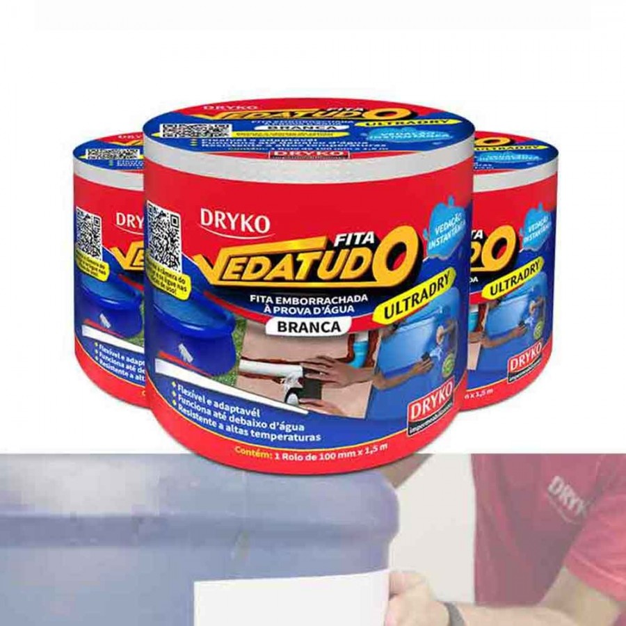 Super Fita Vedatudo Multiúso Emborrachada - 1,5m x 10cm - Cor Branca Dryko