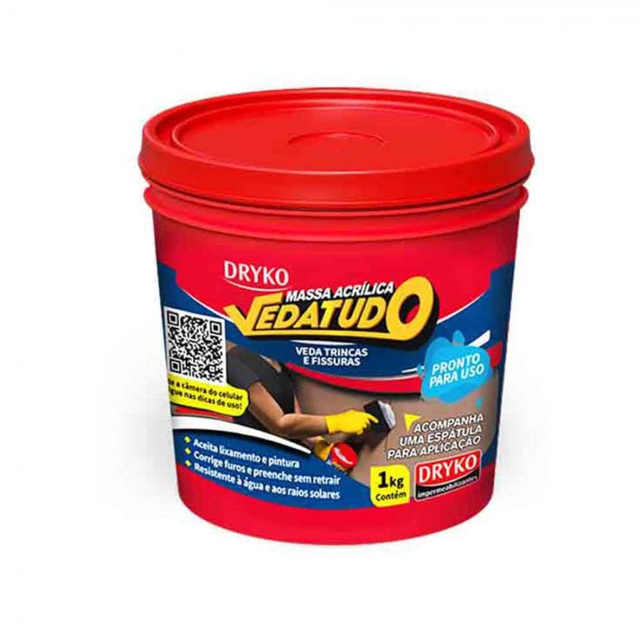 Veda Trinca Massa p/ Reparos Rápidos - 1kg - Massa Acrilica Branca Dryko