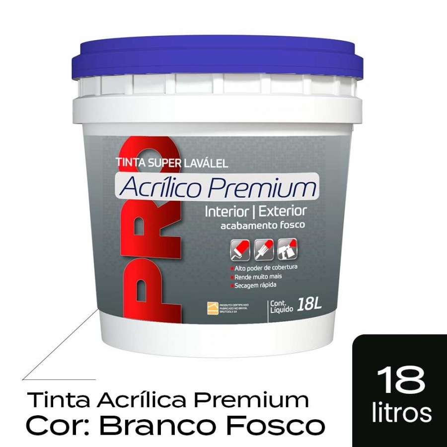 Tinta Acrílica Premium - 18L Lavável Fosca - Branco Uso Interno e Externo BruColor