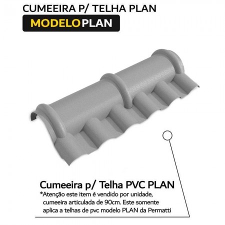 Cumeeira Central Articulada de PVC p/ Telha Tipo Plan - 90x28cm - Cinza - Modelo Plan Permatti