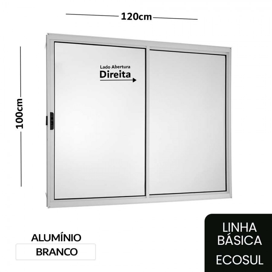 Janela de Correr 2 Folhas 100x120x6cm - Alumínio Branco - Sem Grade - Direita - Básica Ecosul