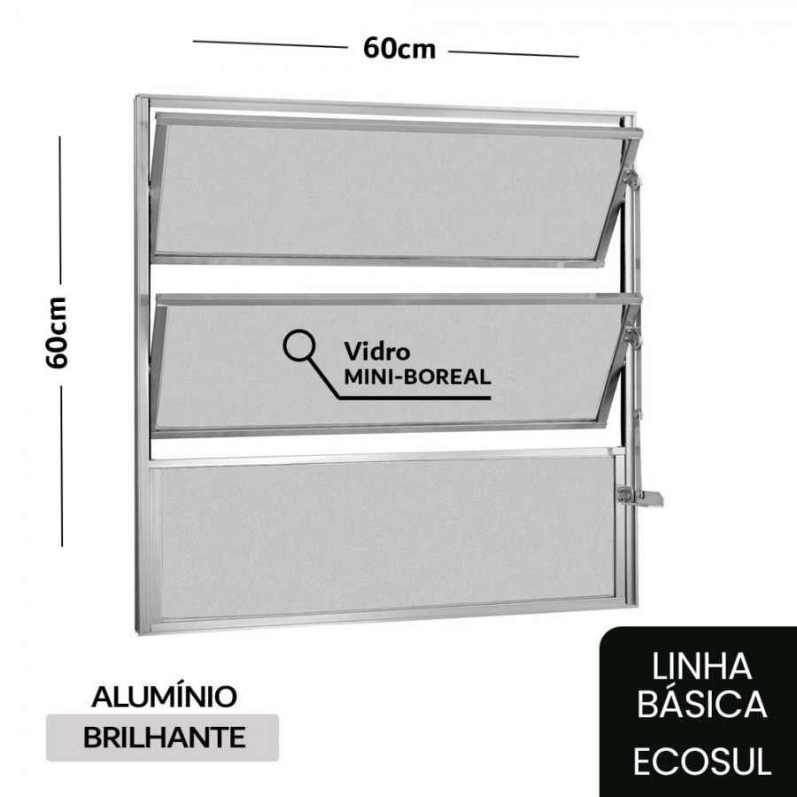 Janela Basculante 1 Secção 60x60x2,5cm - Alumínio Brilhante - Sem Grade - Básica Ecosul