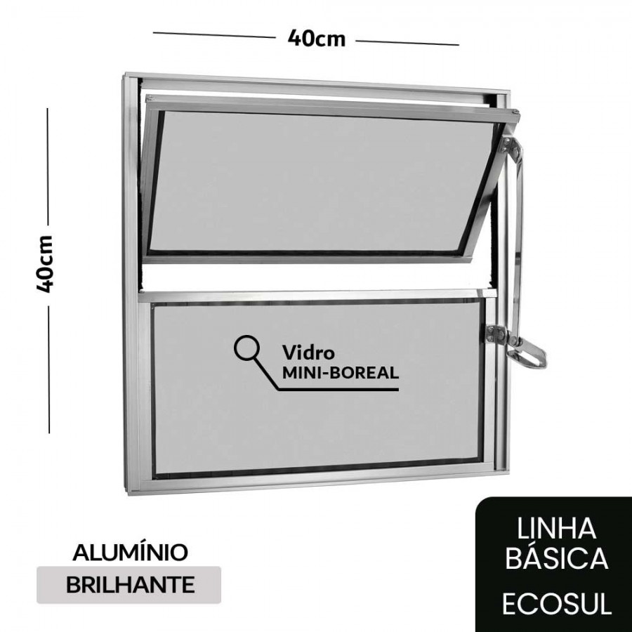 Janela Basculante 1 Secção 40x40x2,5cm - Alumínio Brilhante - Sem Grade - Básica Ecosul