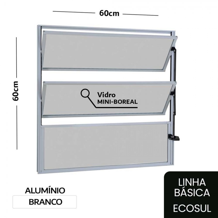 Janela Basculante 1 Secção 60x60x2,5cm - Alumínio Branco - Sem Grade - Básica Ecosul