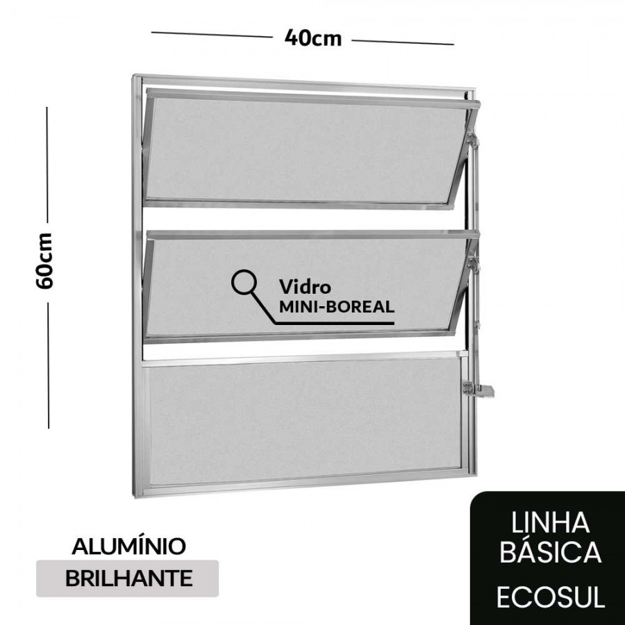 Janela Basculante 1 Secção 60x40x2,5cm - Alumínio Brilhante - Sem Grade - Básica Ecosul