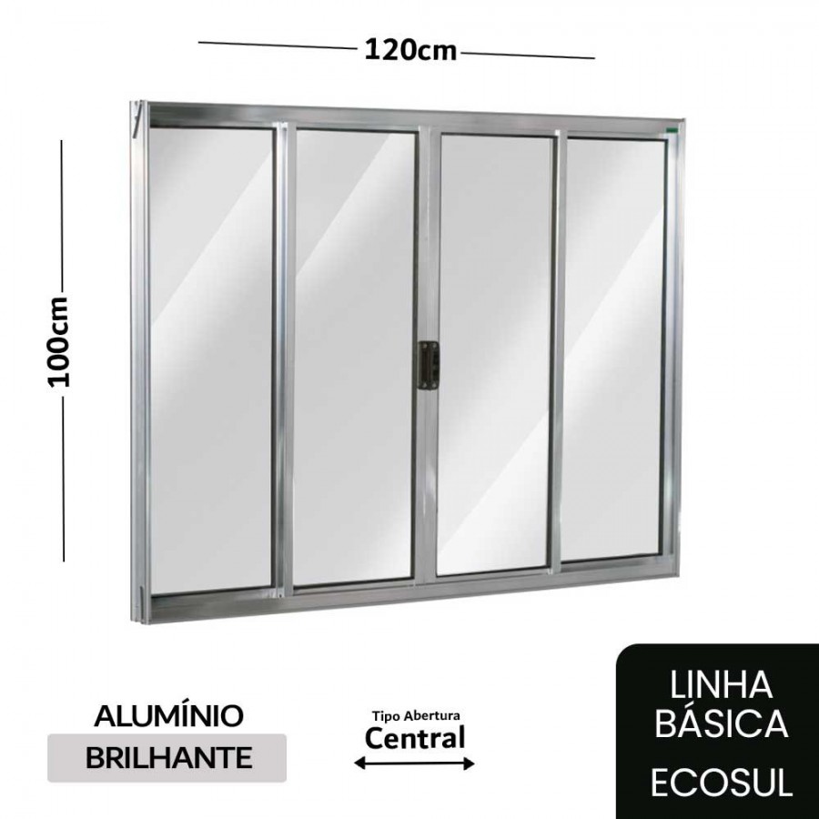 Janela de Correr 4 Folhas 100x120x6cm - Alumínio Brilhante - Sem Grade - Central - Básica Ecosul