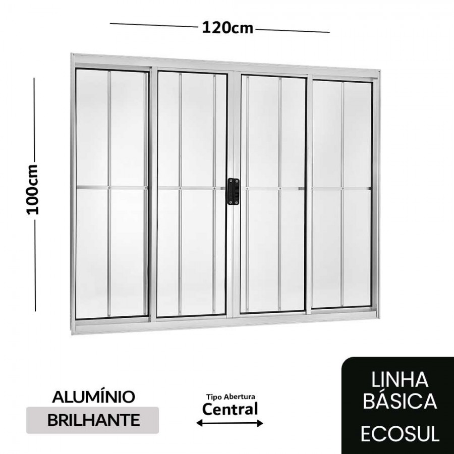 Janela de Correr 4 Folhas 100x120x8cm - Alumínio Brilhante - Com Grade - Central - Básica Ecosul