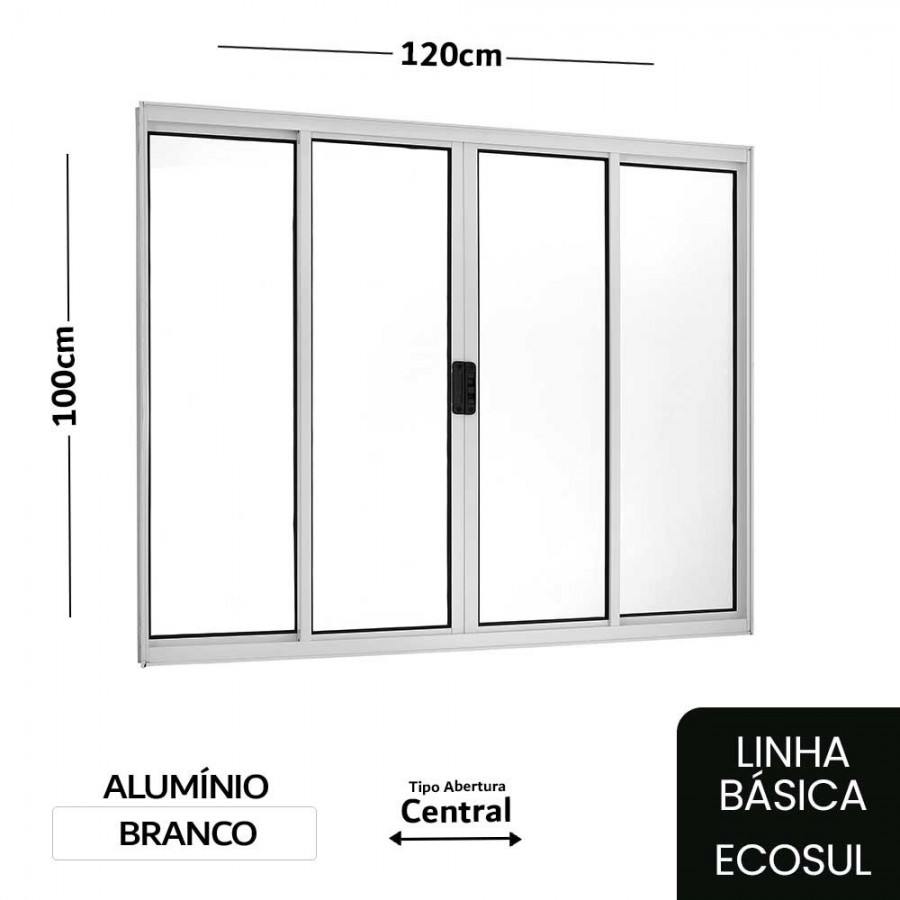 Janela de Correr 4 Folhas 100x120x6cm - Alumínio Branco - Sem Grade - Central - Básica Ecosul