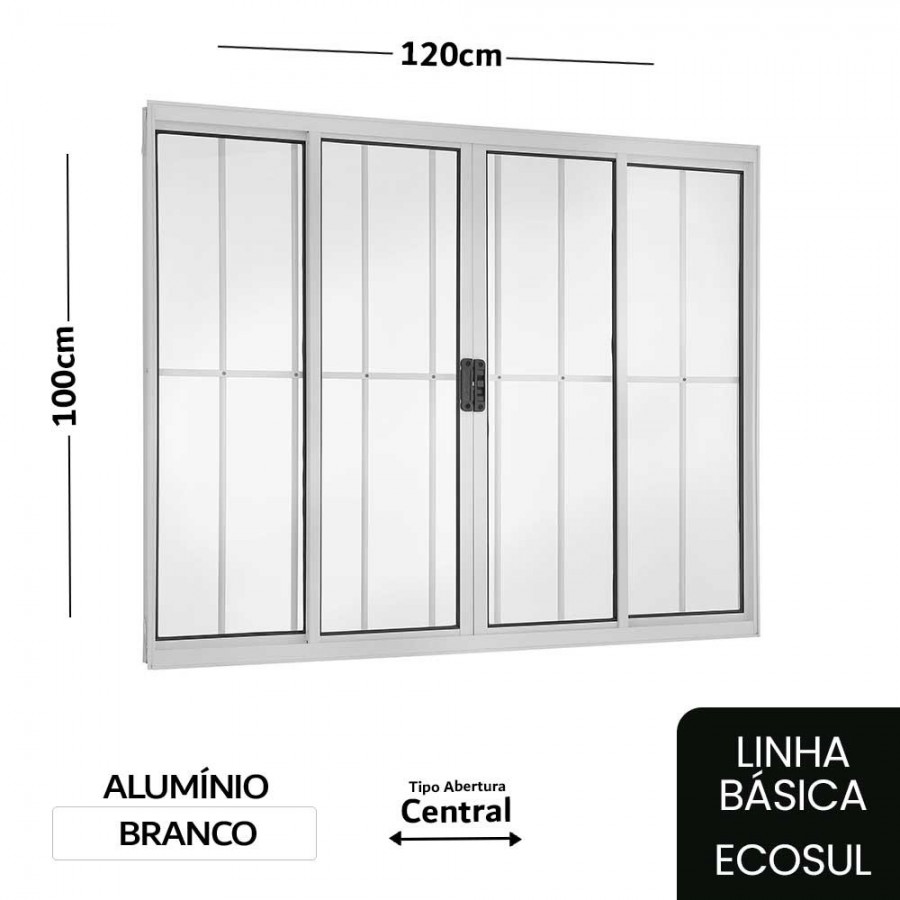 Janela de Correr 4 Folhas 100x120x8cm - Alumínio Branco - Com Grade - Central - Básica Ecosul