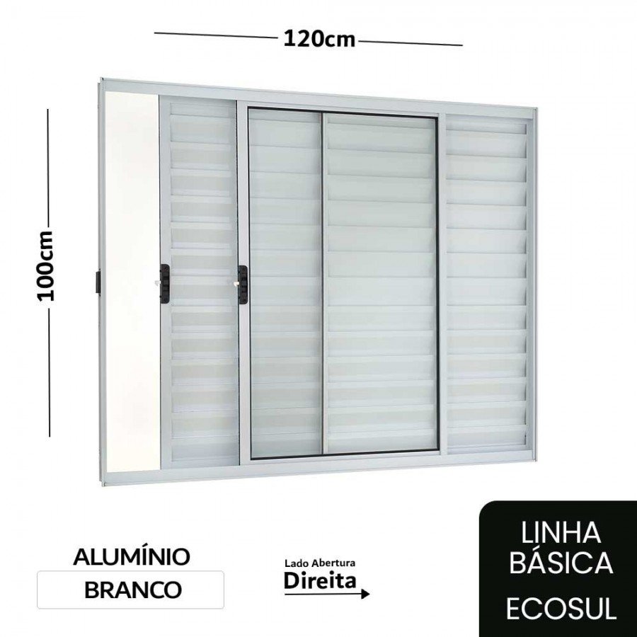 Janela Veneziana 3 Folhas 100x120x8cm - Alumínio Branco - Sem Grade - Direita - Básica Ecosul
