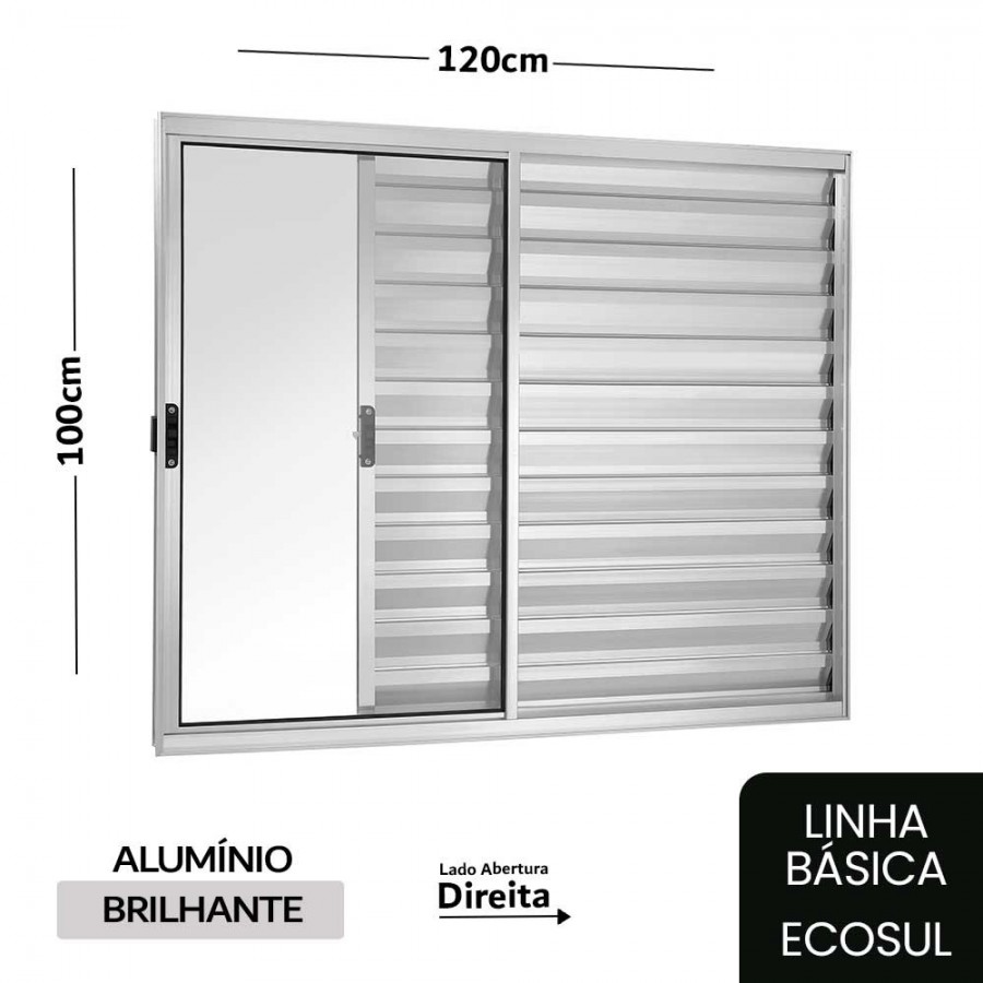 Janela Veneziana 3 Folhas 100x120x8cm - Alumínio Brilhante - Sem Grade - Direita - Básica Ecosul