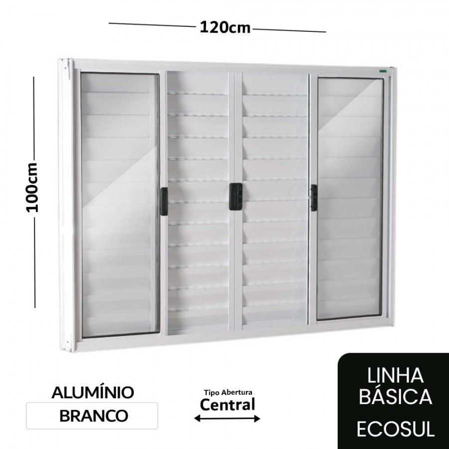 Janela Veneziana 6 Folhas 100x120x8cm - Alumínio - Branco - Sem Grade - Central - Básica Ecosul
