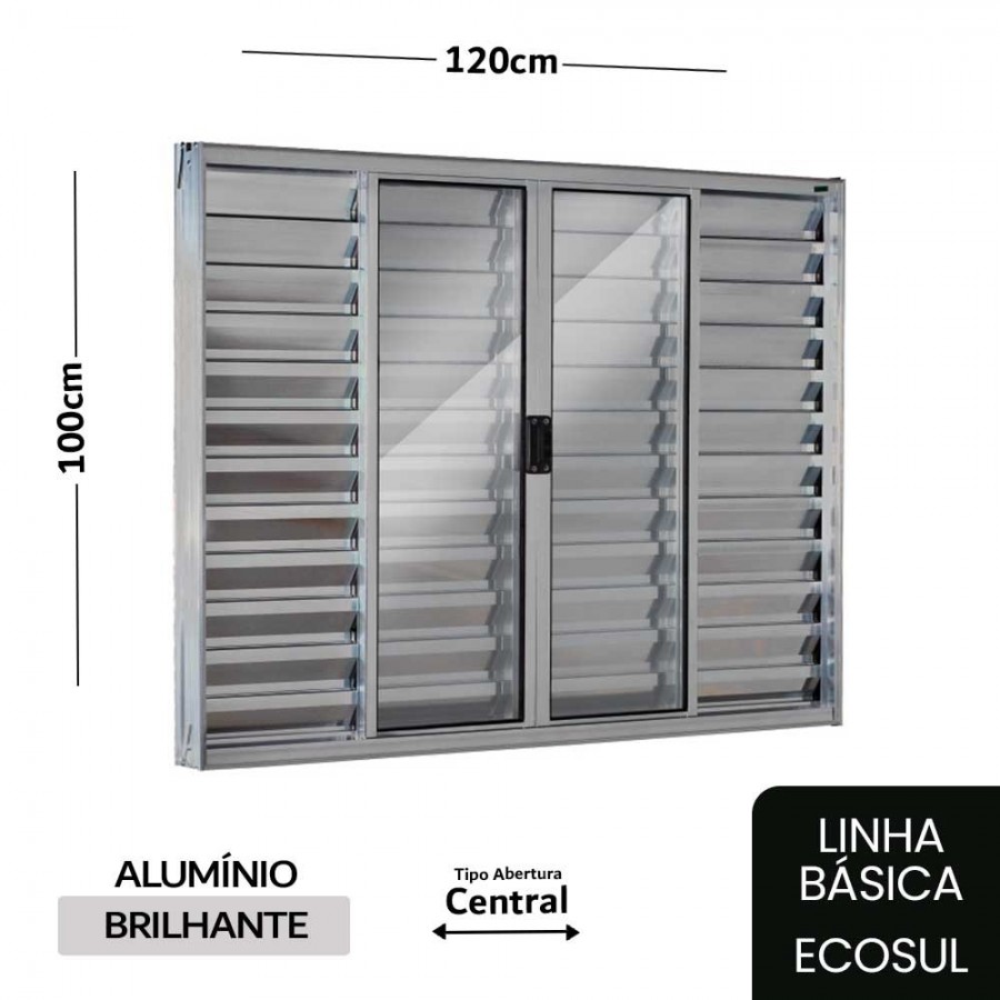 Janela Veneziana 6 Folhas 100x120x8cm - Alumínio - Brilhante - Sem Grade - Central - Básica Ecosul