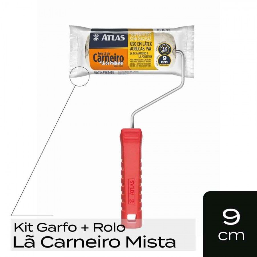 Garfo|Rolo de Pintura Lã de Carneiro Mista 9cm - Contém Poliéster - Atlas - Ref AT228/9