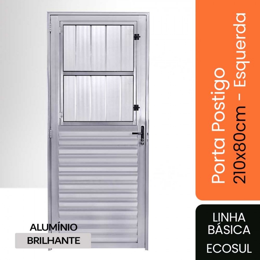 Porta Postigo 210x80x4,5cm - Alumínio Brilhante - Com Grade - Esquerda - Básica Ecosul