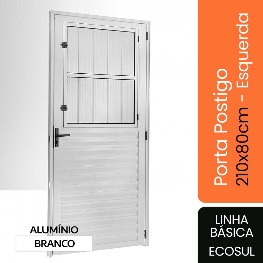 Porta Postigo 210x80x4,5cm - Alumínio Branco - Com Grade - Esquerda - Básica Ecosul
