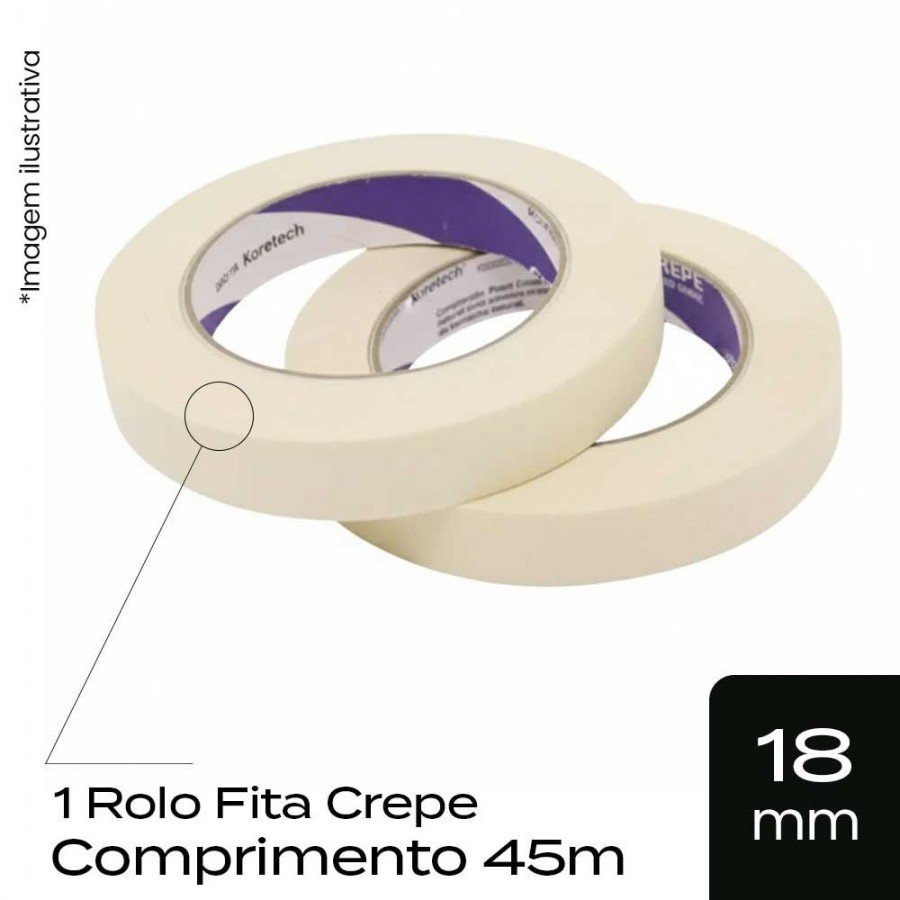 Rolo Fita Crepe Uso Geral 18mm x 45m - Branca Remoção Limpa Koretech