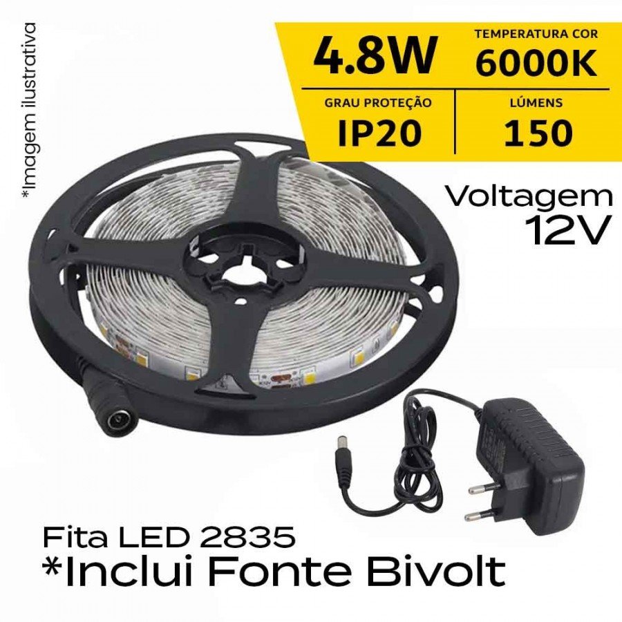 Fita LED 2835 - 5 Metros - 4.8W IP20 12V c/ Driver - 6.000K - Gaya Ref 9302