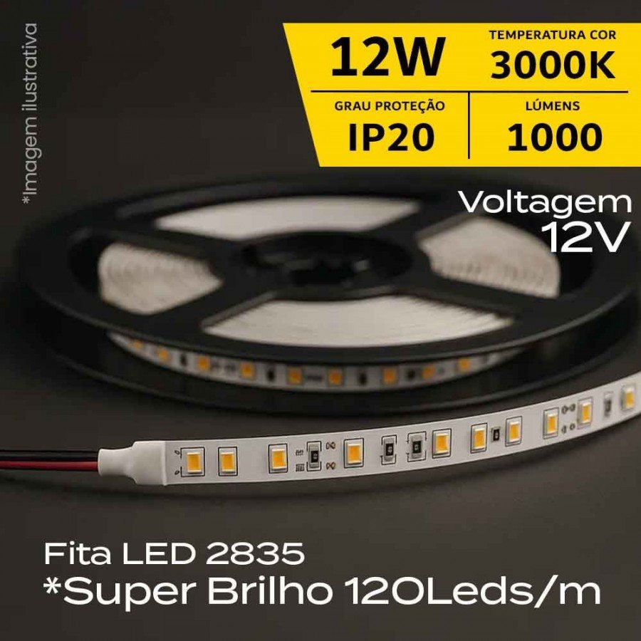 Fita LED Super Brilho 2835 - 5 Metros - 12W IP20 12V - 3.000K - Gaya Ref 9046