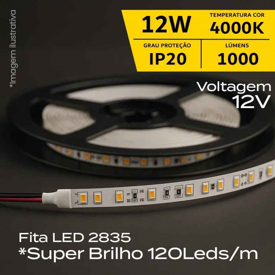 Fita LED Super Brilho 2835 - 5 Metros - 12W IP20 12V - 4.000K - Gaya Ref 9373
