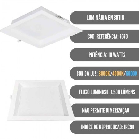 Painel LED CCT Recuado de Embutir Branco - 22cm 18W IP20 Bivolt - 3.000K a 6.000K - Gaya Ref 7670