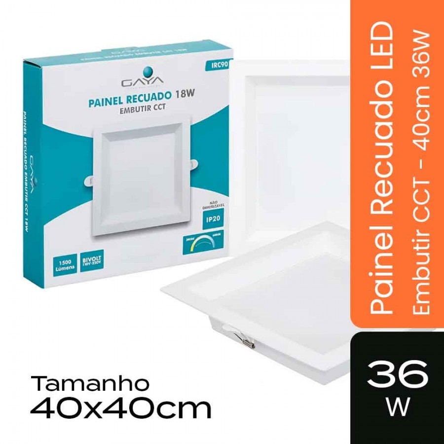 Painel LED CCT Recuado de Embutir Branco - 40cm 36W IP20 Bivolt - 3.000K a 6.000K - Gaya Ref 7672